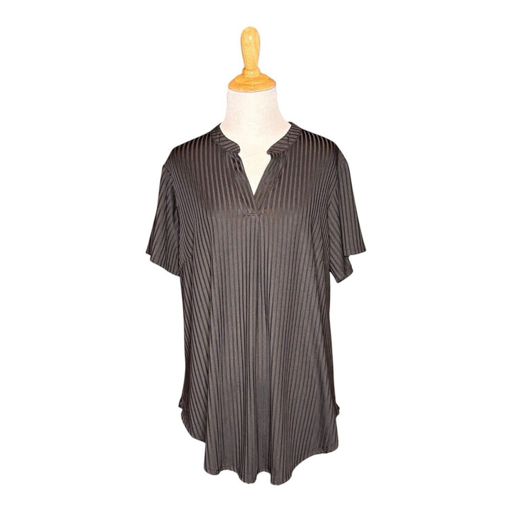 Cato Black Notch Neck V Split Black Striped Flutter Sleeves Top Blouse Sz 14/16